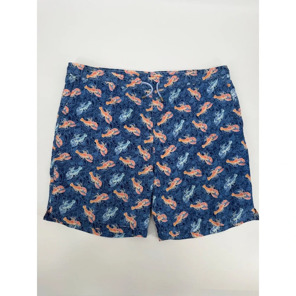 Peter Millar Mens Navy Blue Lobster Shell Print Swim Trunks Mesh Lined Large
